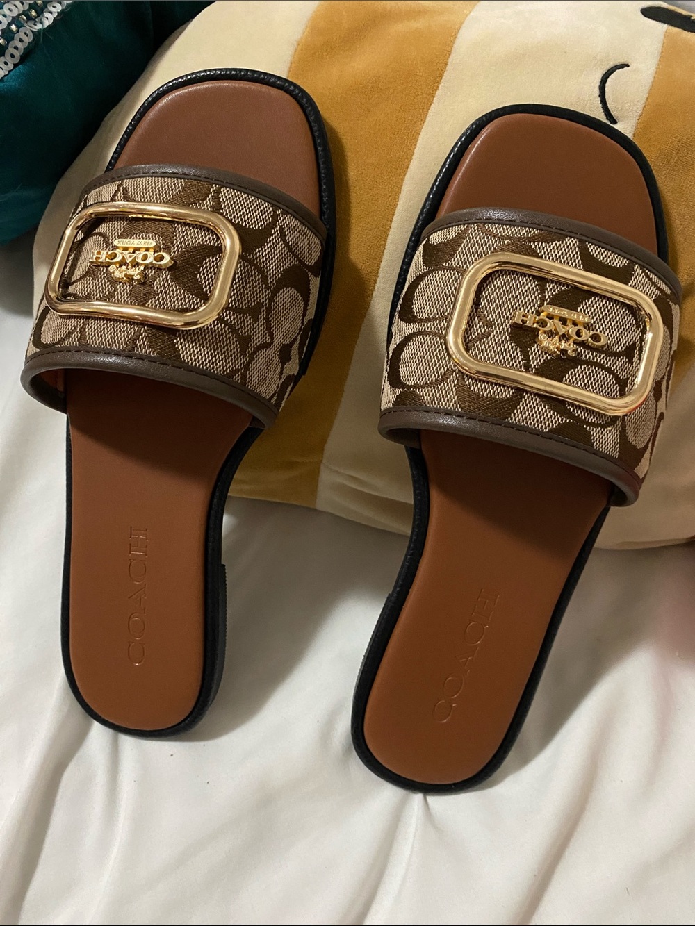 Coach Brown Signature Jacquard Slide Sandals with Gold Buckle